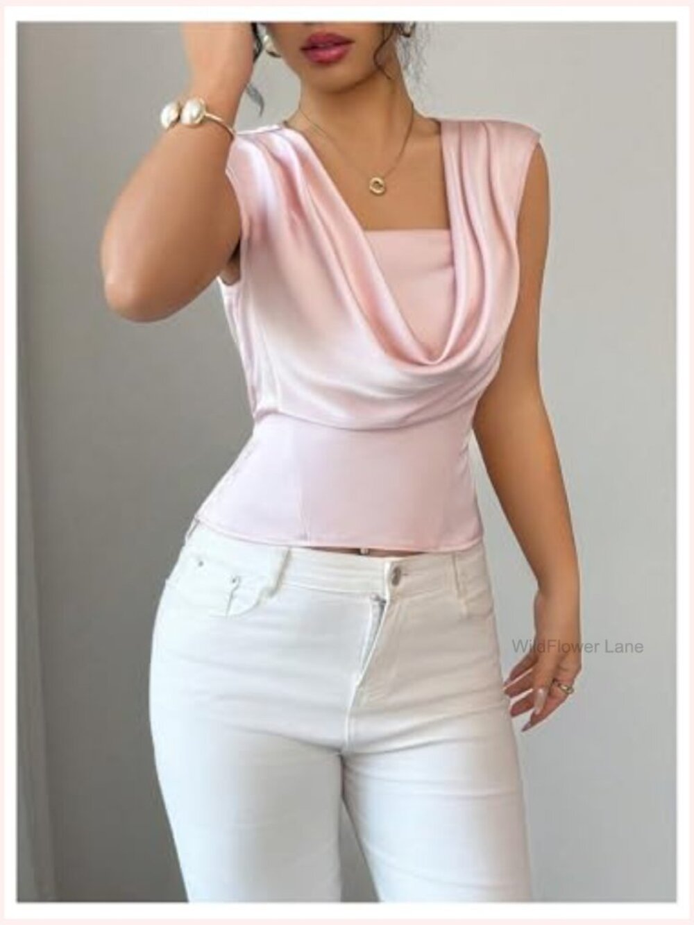 Satin Draped Cowl Neck Sleeveless Blouse Dressy Top - Picture 2 of 5